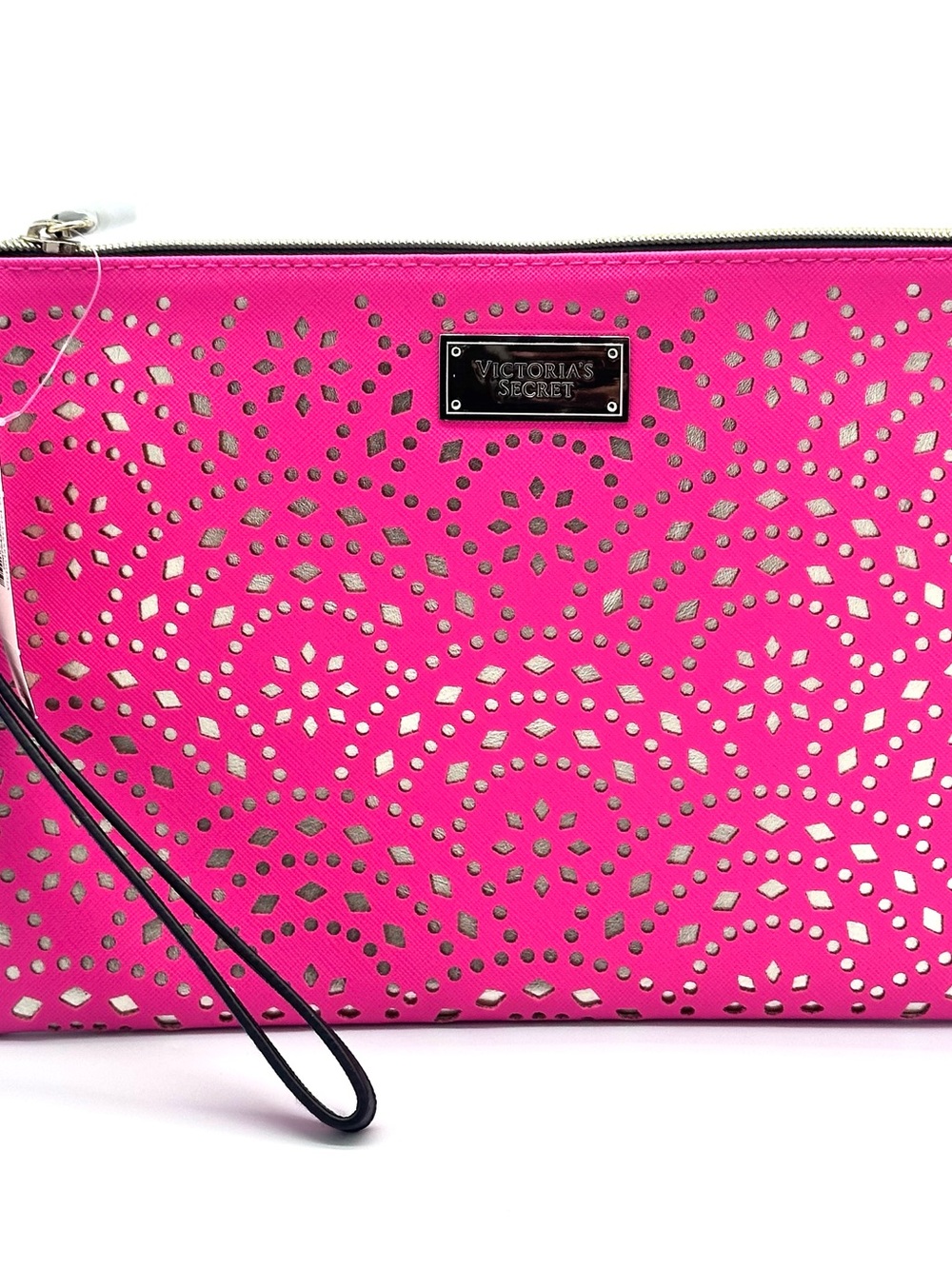 Victoria's Secret Bright Pink Laser-Cut Wristlet with Metallic Underlay
